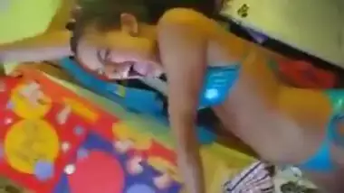 Indian babe in shiny aqua bikini
