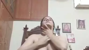Long hair wife shows naked body curves in shyness